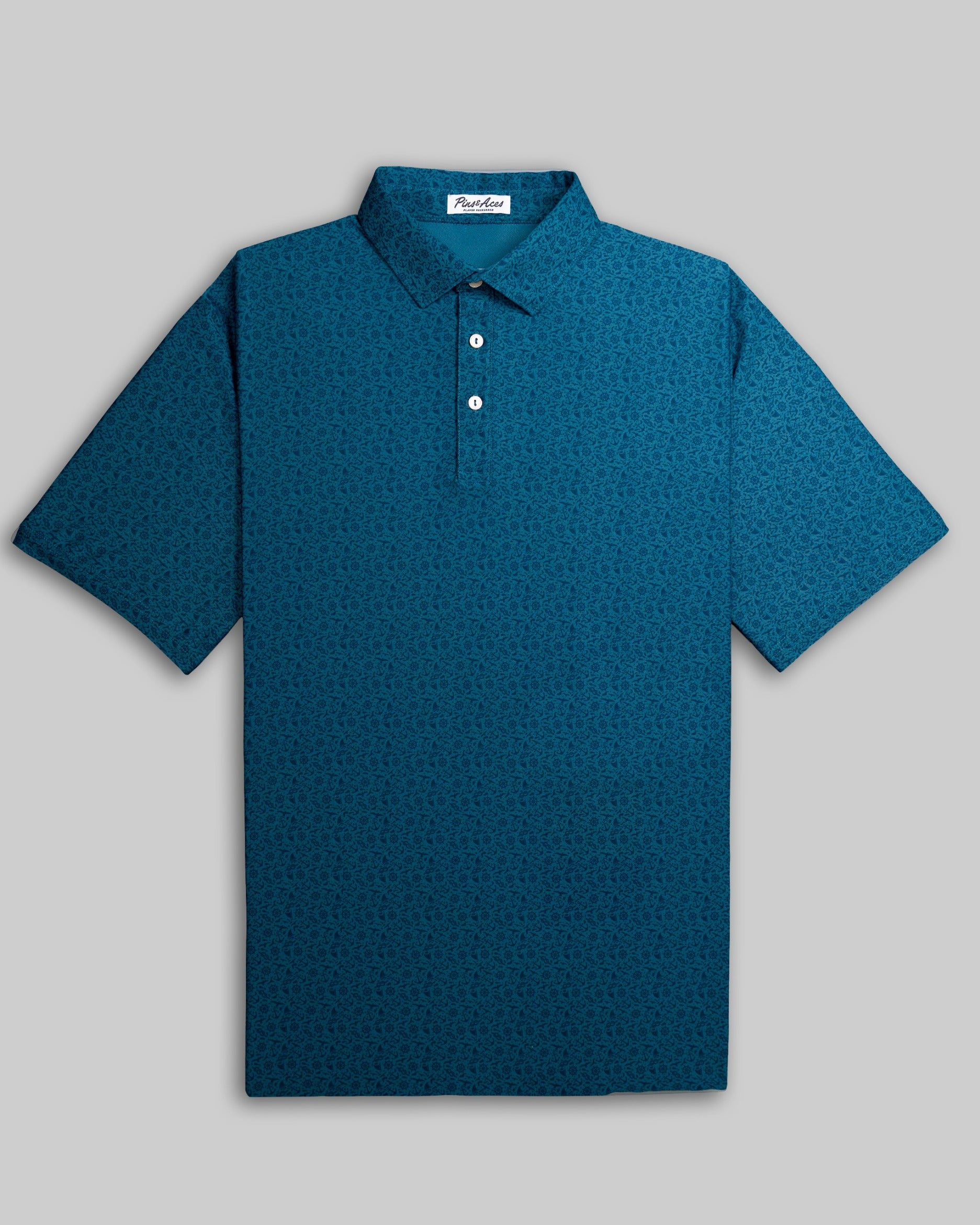 Bold teal polo shirt with a subtle pattern, featuring a classic collar and button placket, ideal for stylish golfers.