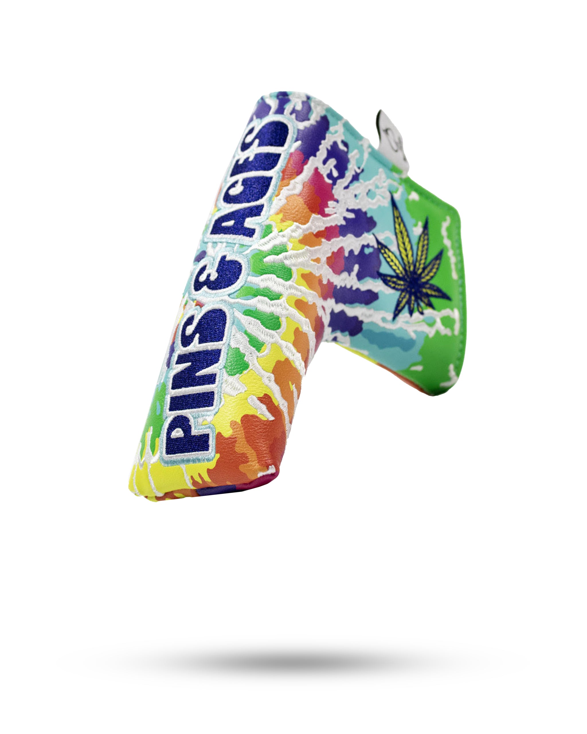 Vibrant Puff Puff Putt blade putter cover featuring a colorful tie-dye design and leaf motif, perfect for stylish golfers.