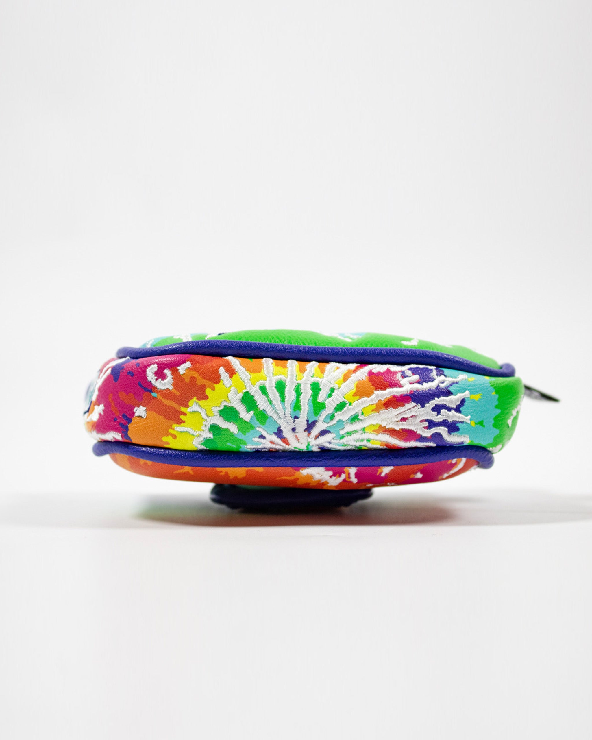 Colorful mallet putter cover featuring a vibrant tie-dye design, perfect for golfers wanting to add flair to their game.