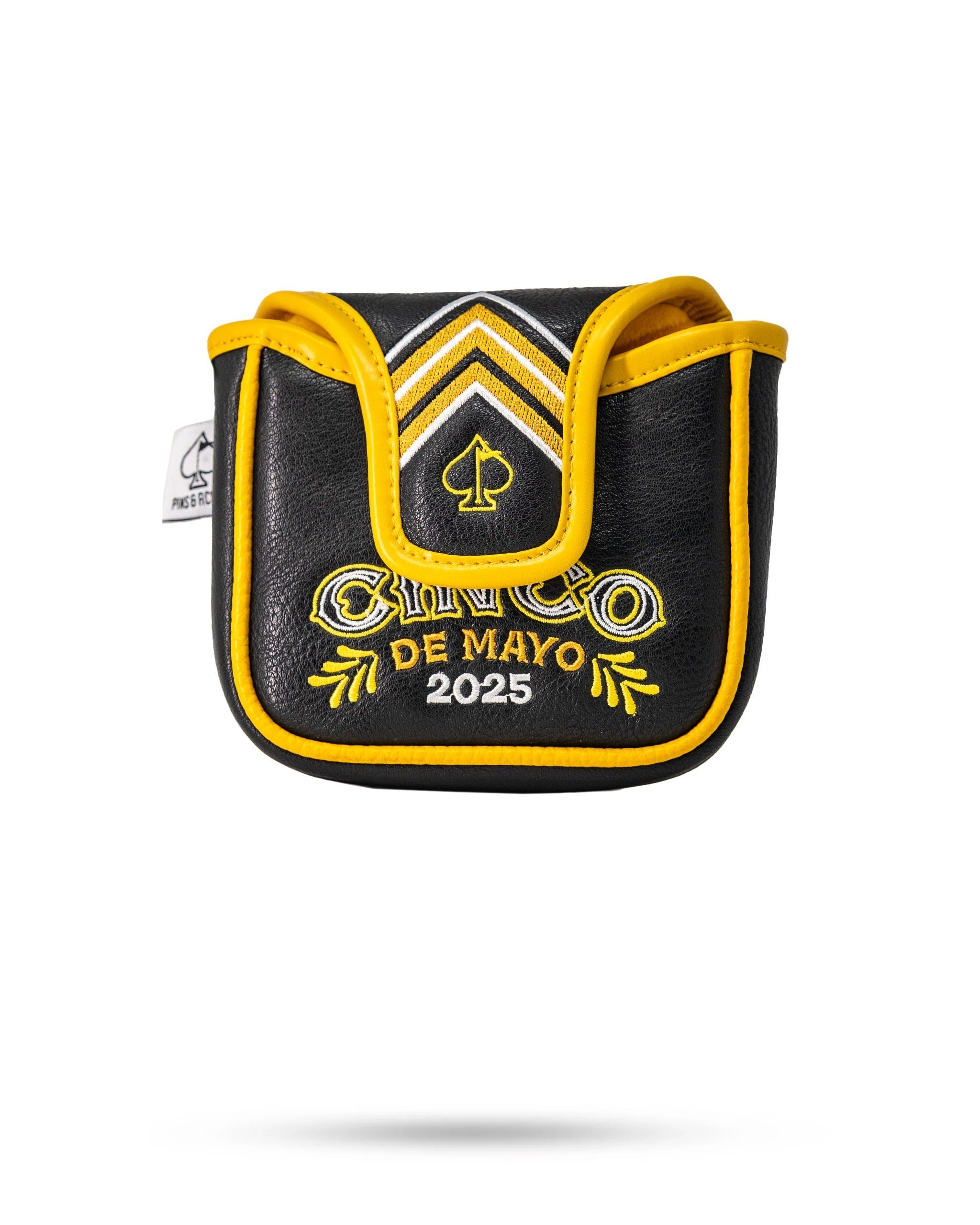 Lucha Libre mask-inspired mallet putter cover featuring bold black and yellow design with Cinco de Mayo 2025 embroidery.