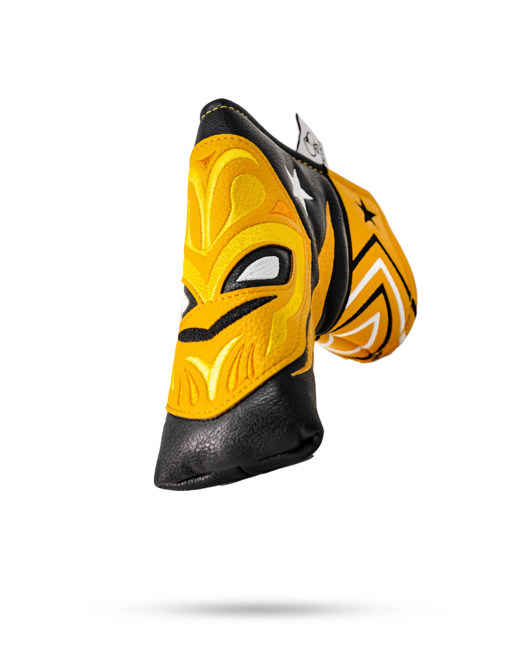 Lucha Libre mask-inspired Blade putter cover in vibrant yellow and black, designed for bold golf style.