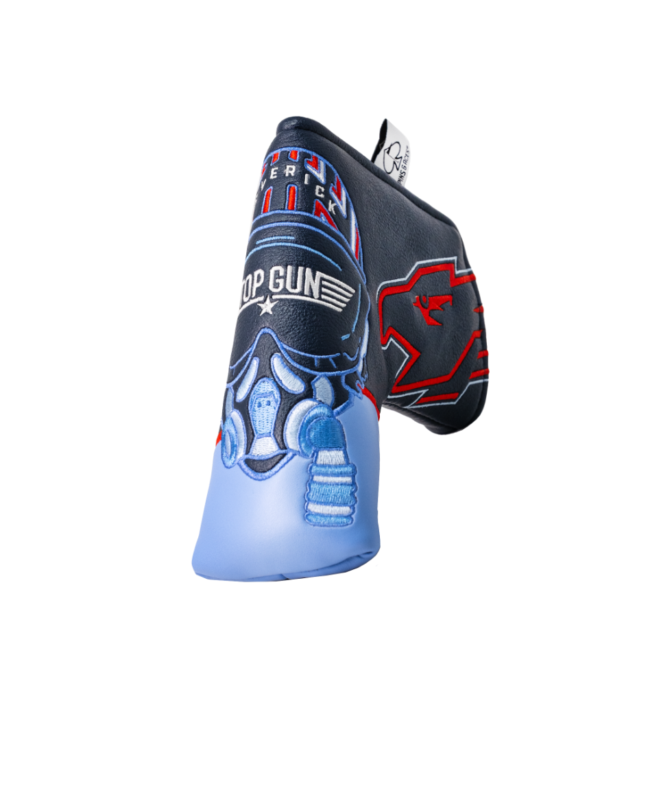 Bold Top Gun Maverick blade headcover featuring iconic pilot design and vibrant colors for a standout golf accessory.
