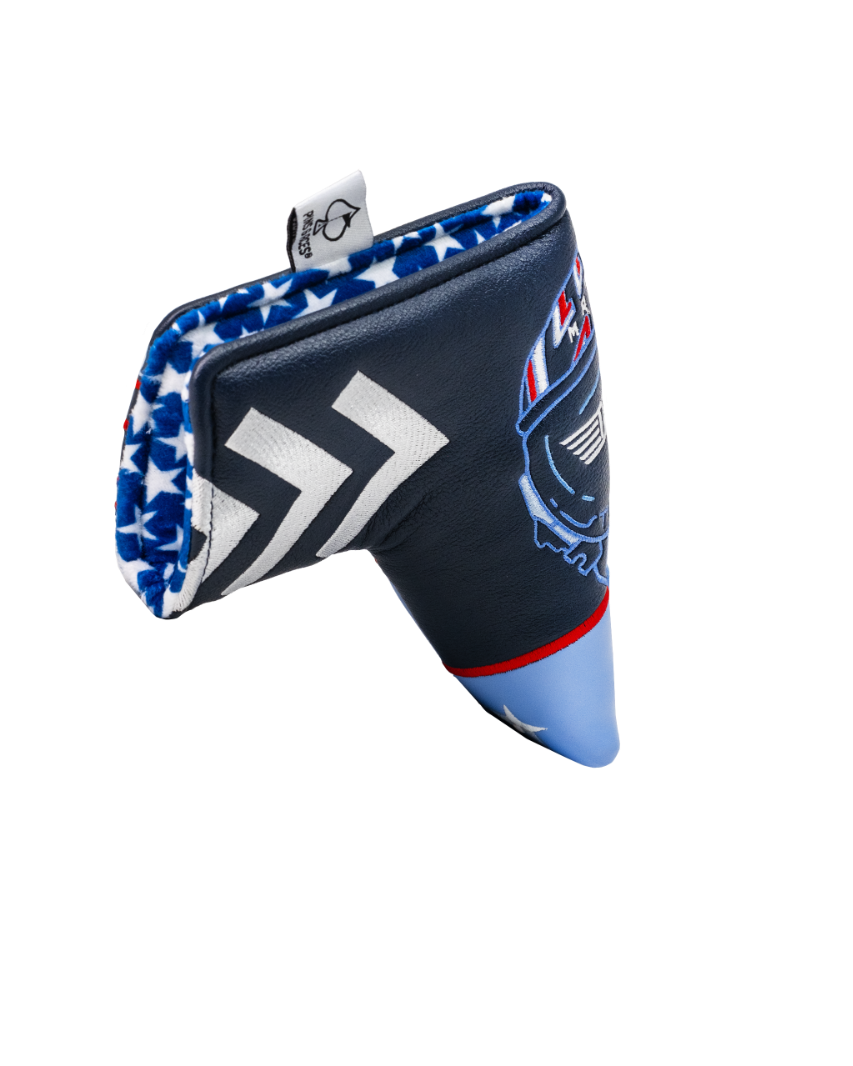 Top Gun Maverick Blade Headcover featuring a patriotic design with bold colors and iconic graphics for golf enthusiasts.