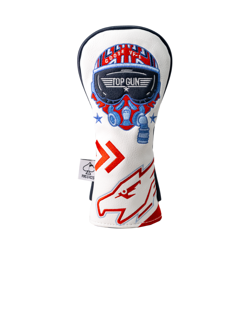 Top Gun Goose hybrid headcover featuring a colorful design with aviator goggles and bold graphics for stylish golf protection.