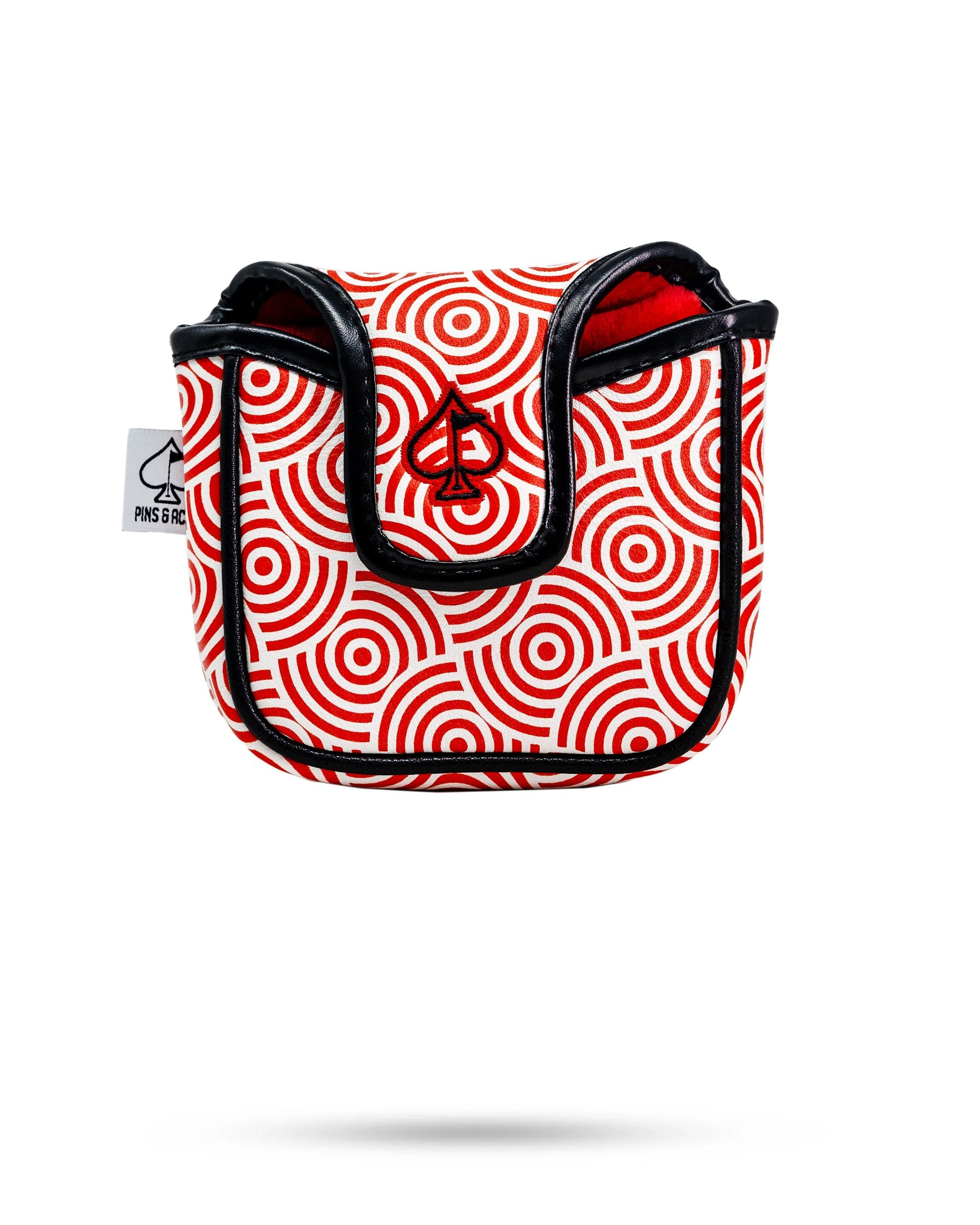 Bold red and white spiral-patterned mallet putter cover with black trim, designed for golfers seeking unique style.