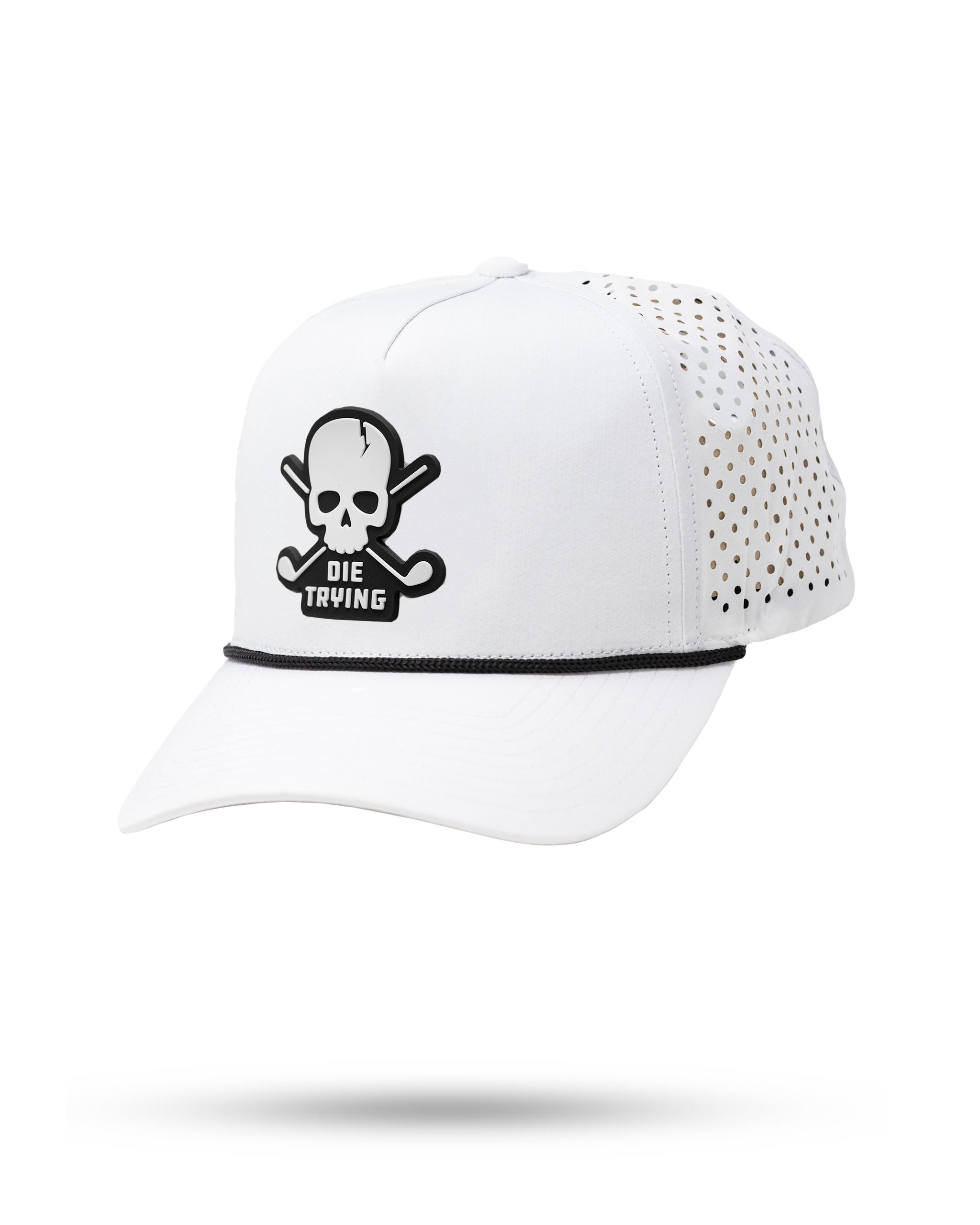 White perforated rope hat featuring a skull and crossbones design with "Die Trying" text, perfect for bold golfers.