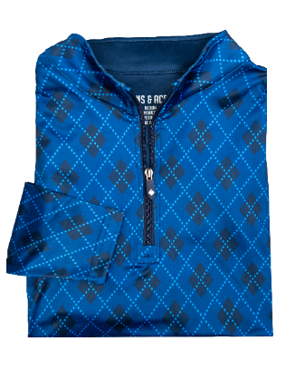 Windsor Blue Pullover featuring a stylish diamond pattern and a quarter-zip design for a modern golf look.