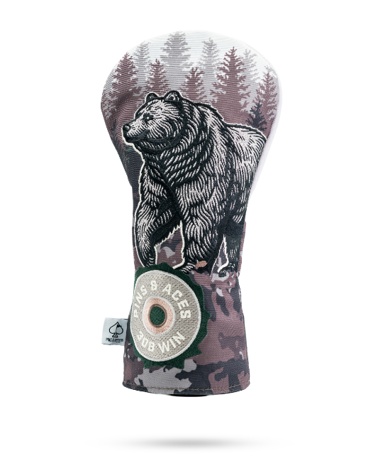 Bold driver cover featuring a detailed bear design against a forest backdrop, perfect for golfers wanting to stand out.