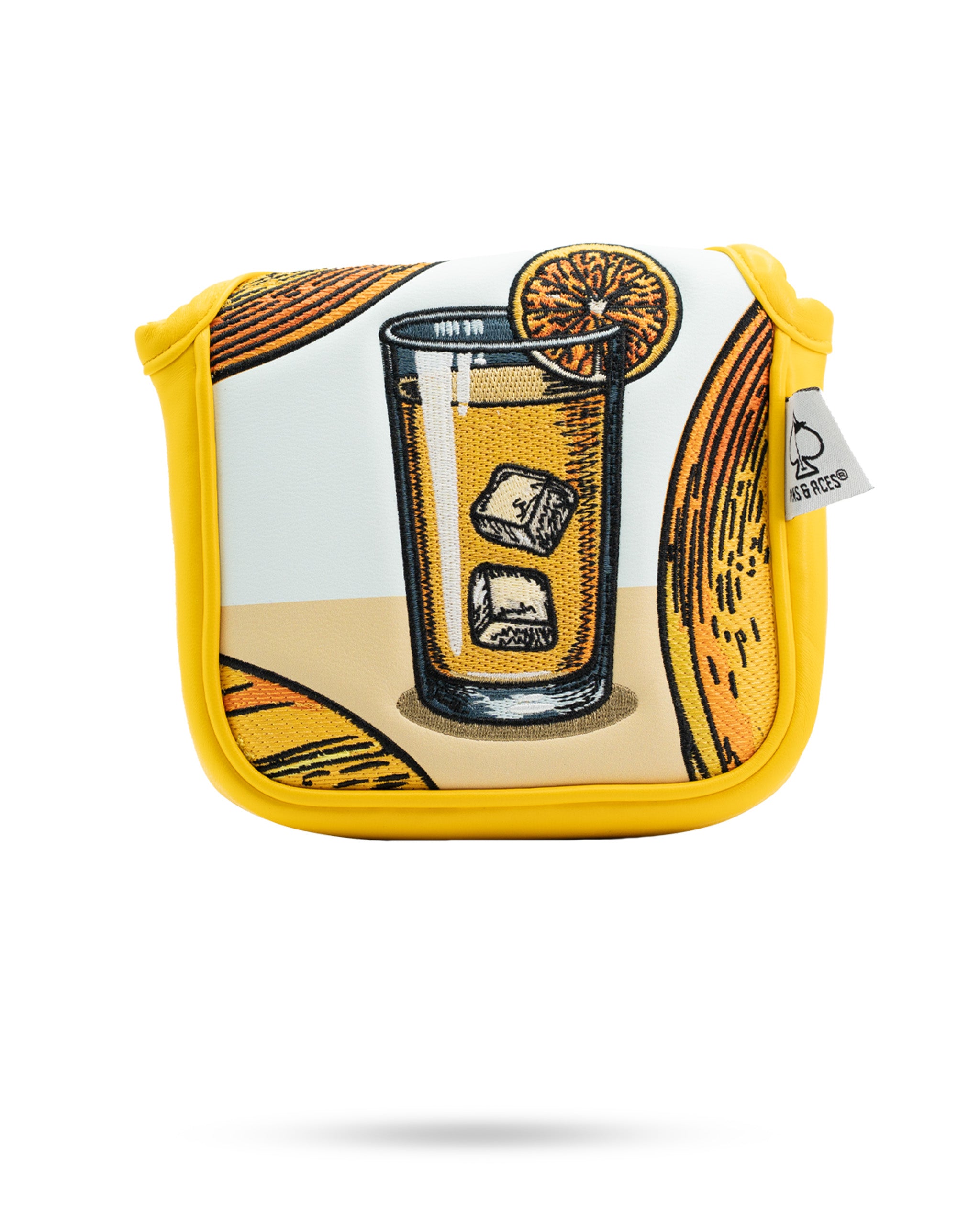 Colorful mallet putter cover featuring a graphic of a drink with ice, designed for golfers seeking bold style on the course.