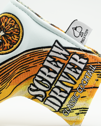 Colorful Screwdriver blade putter cover featuring a vibrant orange design and bold text, perfect for stylish golfers.