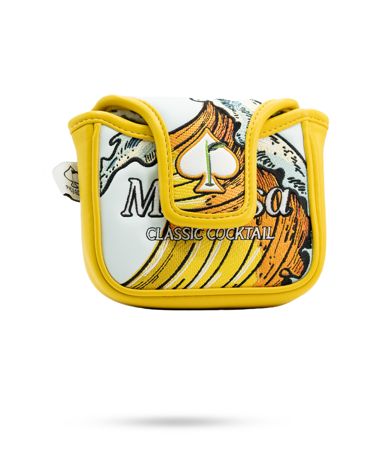 Bold mallet putter cover featuring a vibrant mimosa design and yellow trim, perfect for stylish golfers.