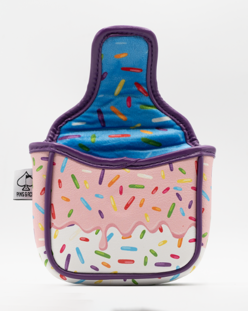 Colorful mallet putter cover designed like a donut with pink icing and sprinkles, perfect for stylish golfers.