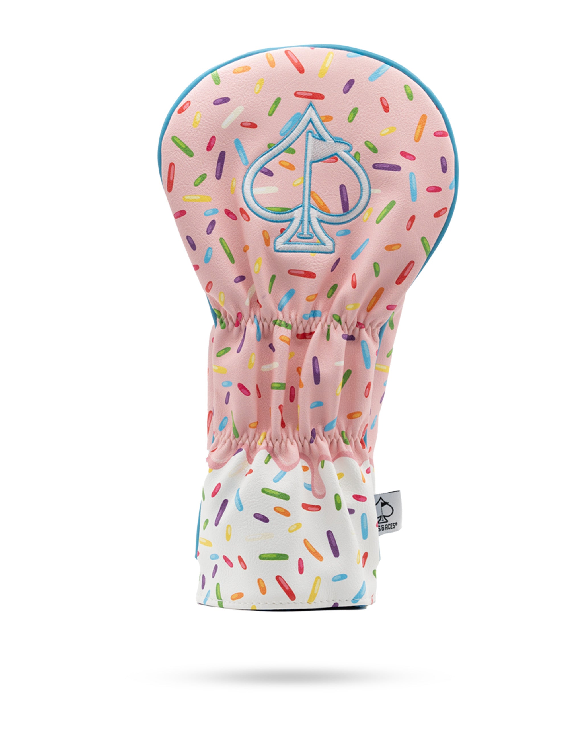 Colorful driver cover featuring a pink donut design with sprinkles and an ace of spades logo, perfect for stylish golfers.