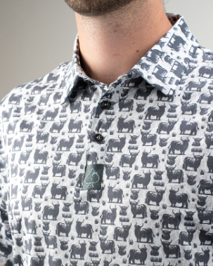 Highland Cow golf shirt featuring a unique pattern of Highland cows, perfect for stylish golfers looking to stand out.