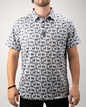 Highland Cow golf polo featuring a playful pattern of Highland cows, perfect for stylish golfers looking to stand out.