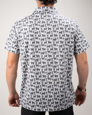 Men's short-sleeve shirt featuring a playful Highland cow pattern in black and white, ideal for stylish golf outings.