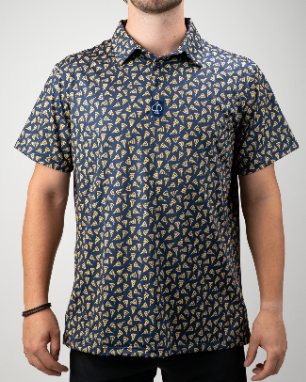 Bold pizza-patterned golf shirt featuring a classic collar, perfect for golfers who want to showcase their love for pizza on the course.