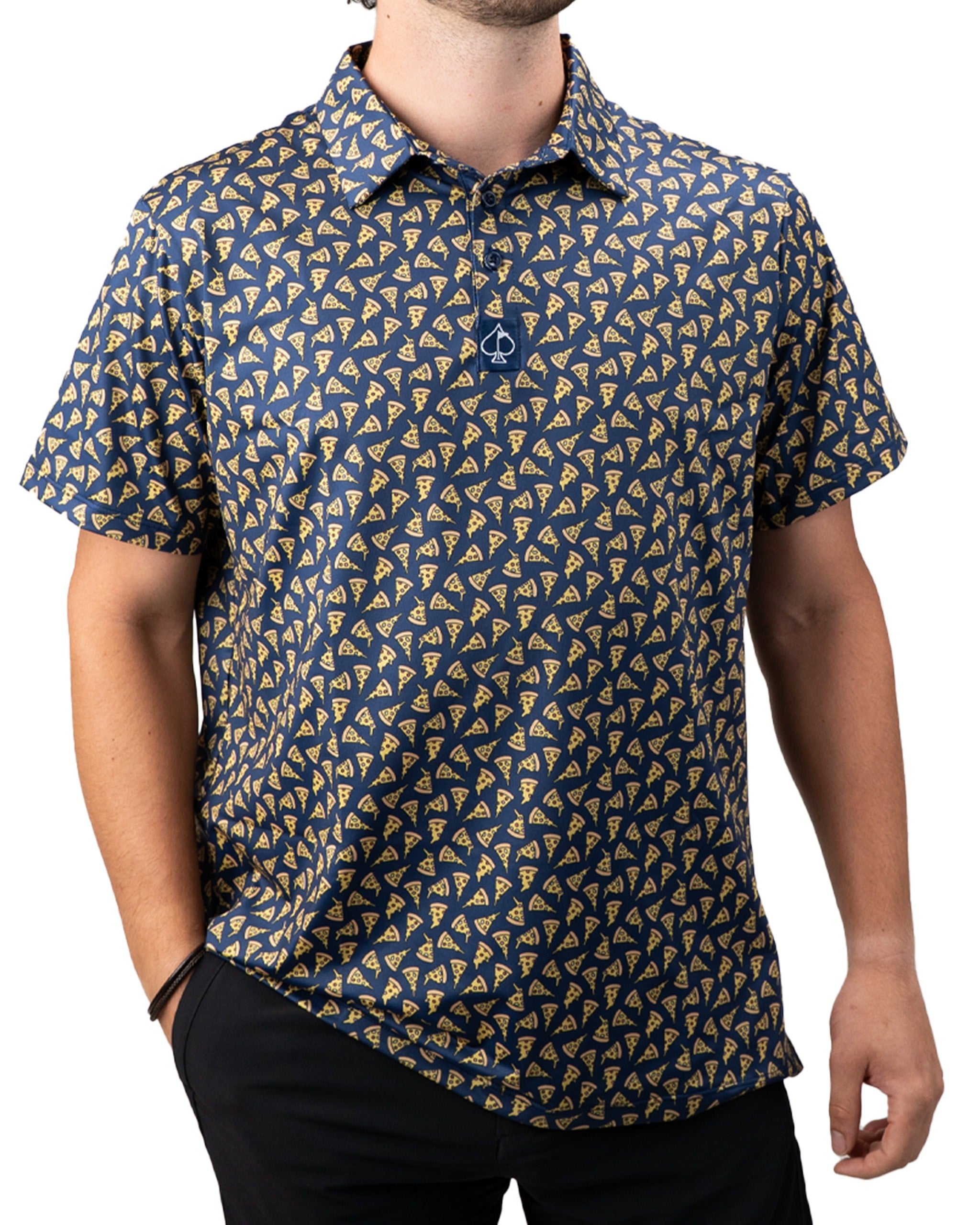 Men's golf shirt featuring a playful pizza slice pattern, perfect for stylish golfers who want to stand out on the course.