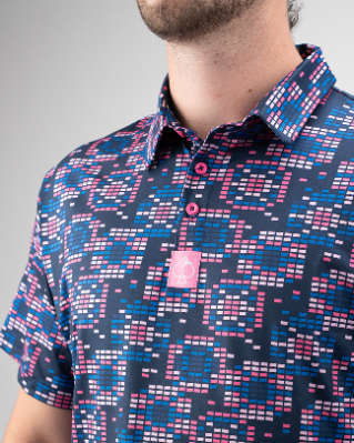 Bold Tetrafloral Dark golf polo featuring a vibrant geometric pattern in navy, pink, and blue hues for standout style.