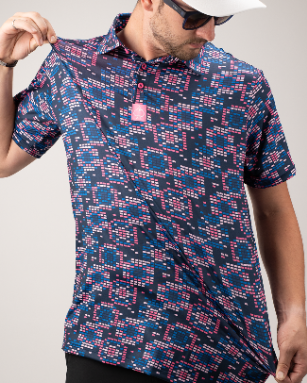 Bold Tetrafloral Dark golf polo featuring a vibrant geometric pattern, perfect for stylish golfers on the course.