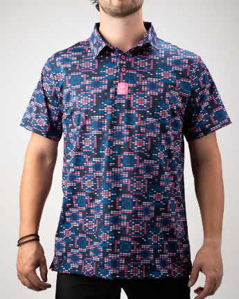 Bold navy golf polo featuring a vibrant tetrafloral pattern in pink and blue, designed for stylish performance on the course.