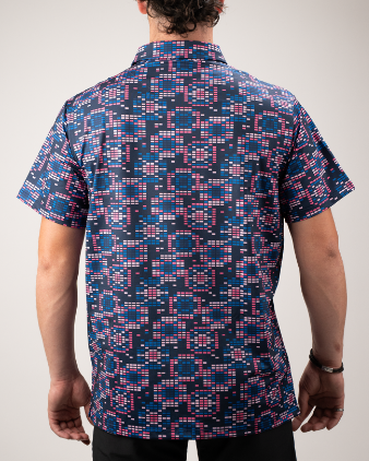 Men's short-sleeve golf shirt featuring a bold dark floral pattern in pink and blue, perfect for stylish performance on the course.