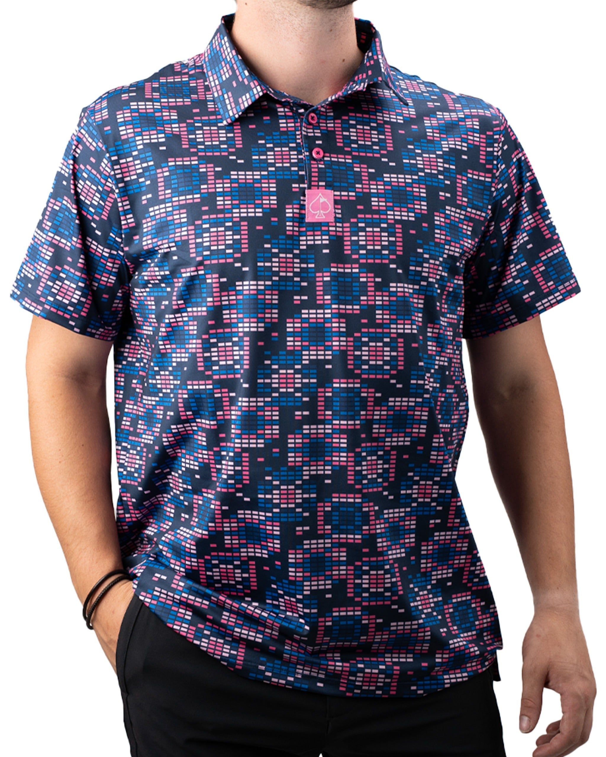 Bold Tetrafloral Dark golf polo featuring a vibrant geometric pattern in navy, pink, and purple tones for a standout look.