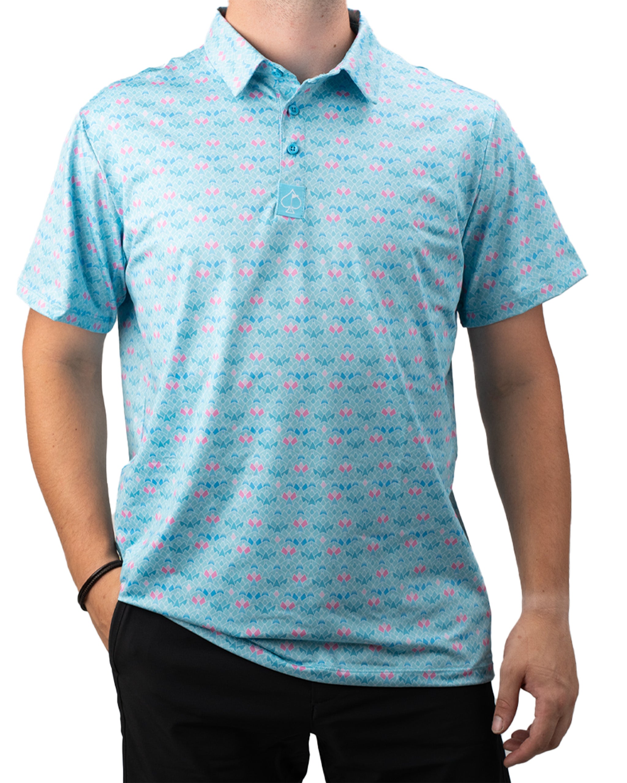Light blue golf polo with a vibrant triangle bloom pattern in pink, designed for stylish performance on the course.