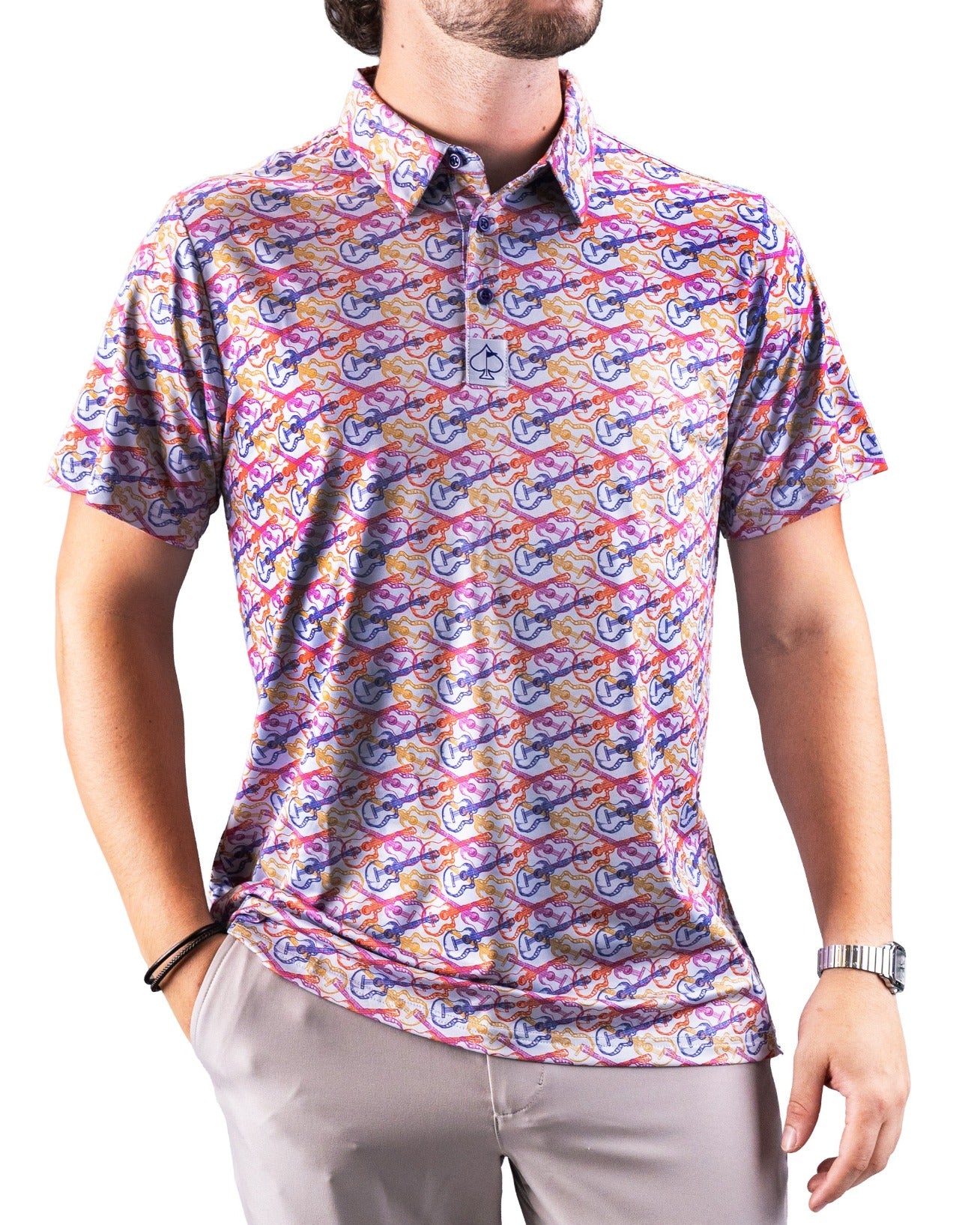 Men's Margaritaville License to Chill polo shirt featuring a vibrant guitar and tropical pattern, perfect for casual outings.