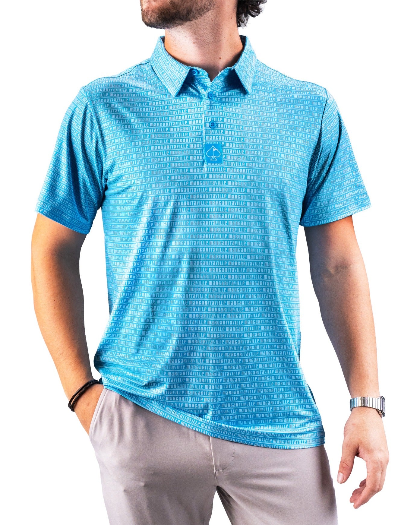 Men's Margaritaville Rendezvous polo shirt in vibrant blue with a unique pattern, perfect for stylish golf outings.