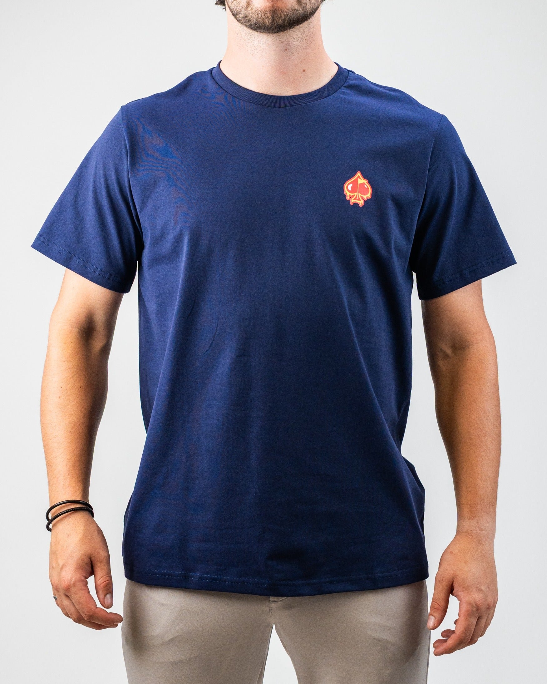 Navy blue t-shirt featuring a small red Louisiana Hot Sauce logo on the chest, perfect for casual wear.