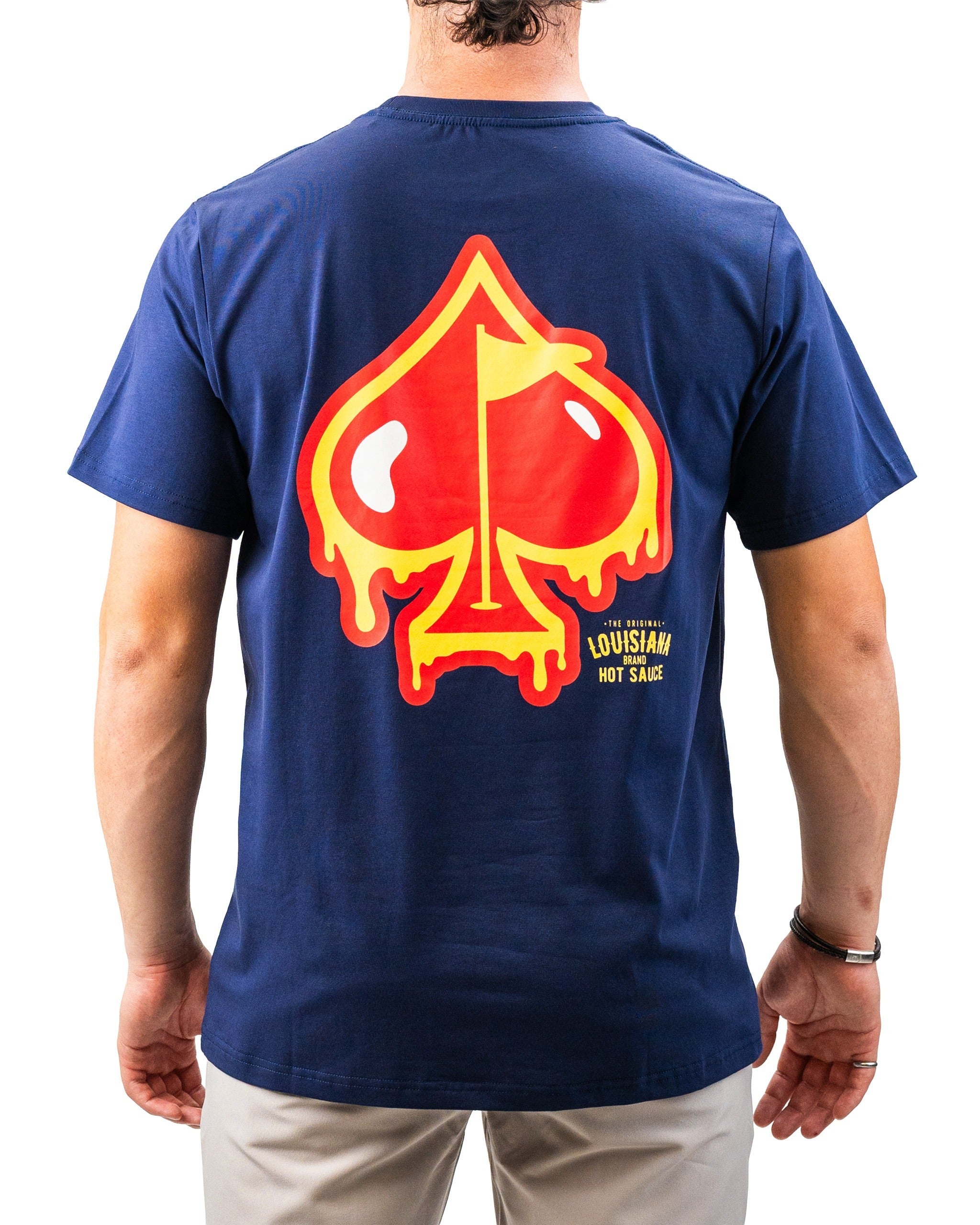 Navy blue tee featuring a large dripping spade logo with a red hot sauce droplet on the back, promoting Louisiana Hot Sauce.