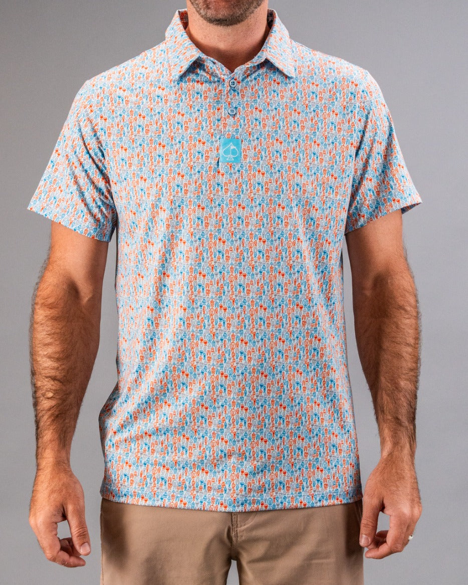 Men's short-sleeve polo shirt featuring a vibrant blue and multicolored doodle pattern, perfect for stylish golfers.
