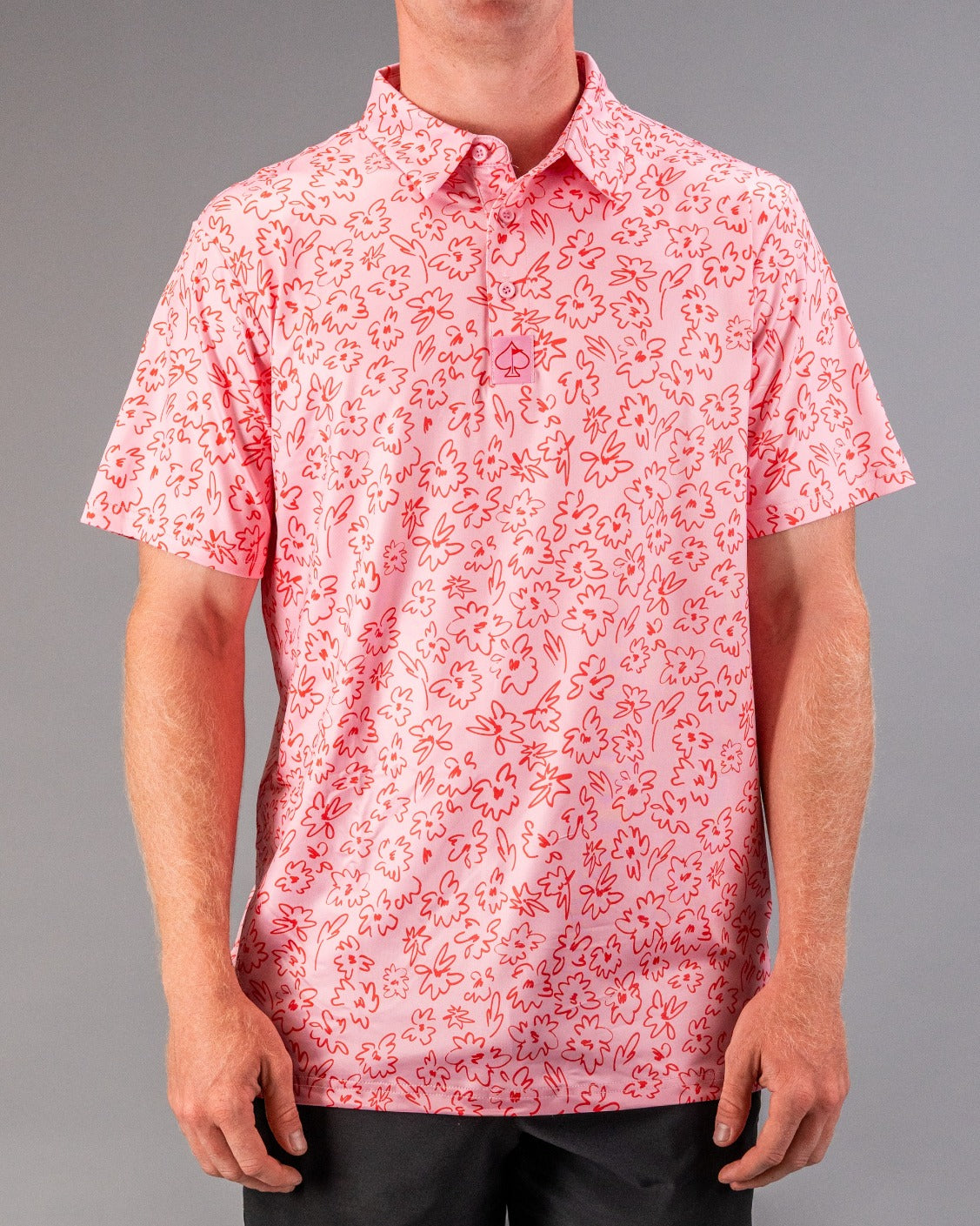 Flower Doodle Pink Golf Polo | Athletic Fit | SPF 45+ | Pins & Aces