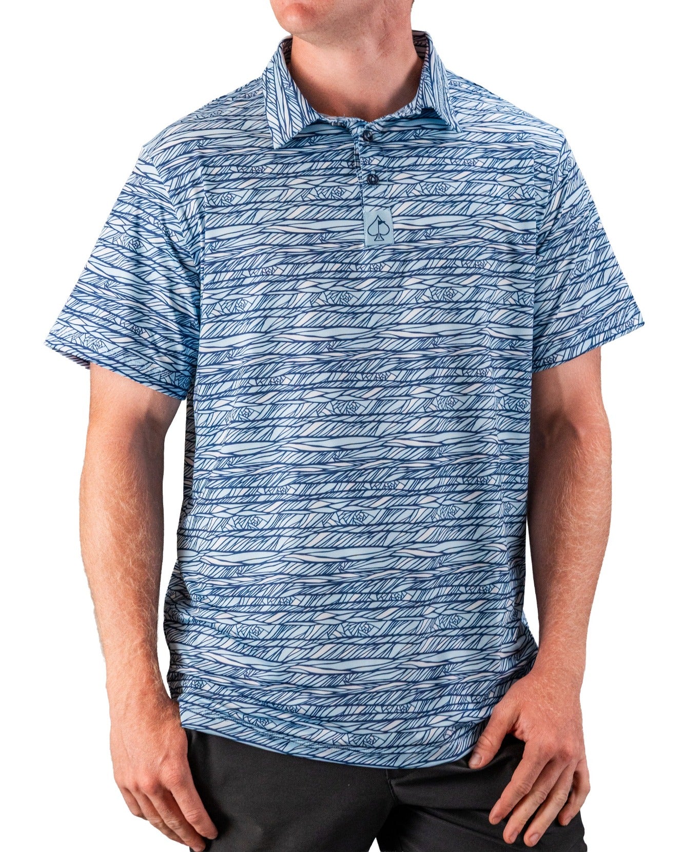 Men's Fragment Blue golf polo featuring a unique wave pattern, designed for style and comfort on the course.