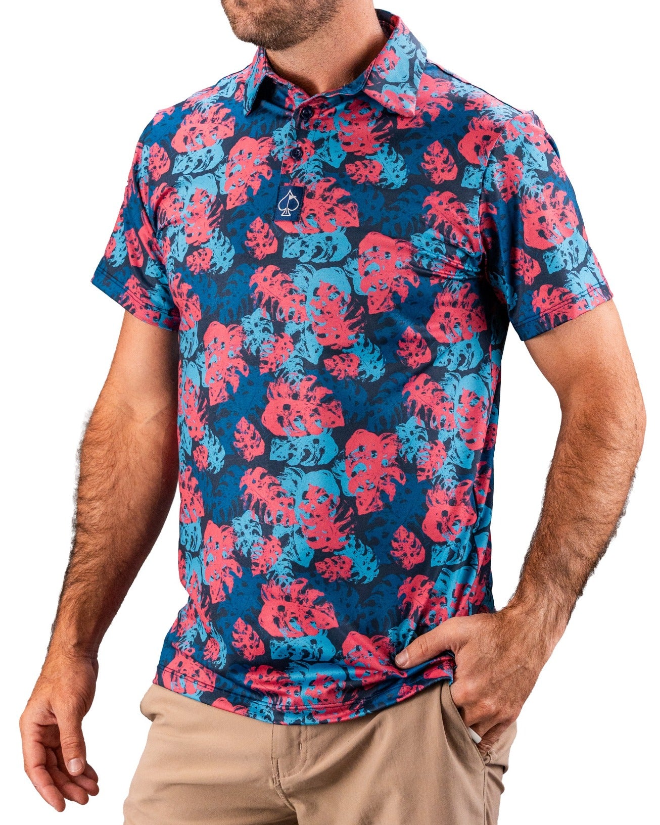 Bright blue and pink tropical leaf print golf shirt with short sleeves, button-up collar, and bold, standout design for go...