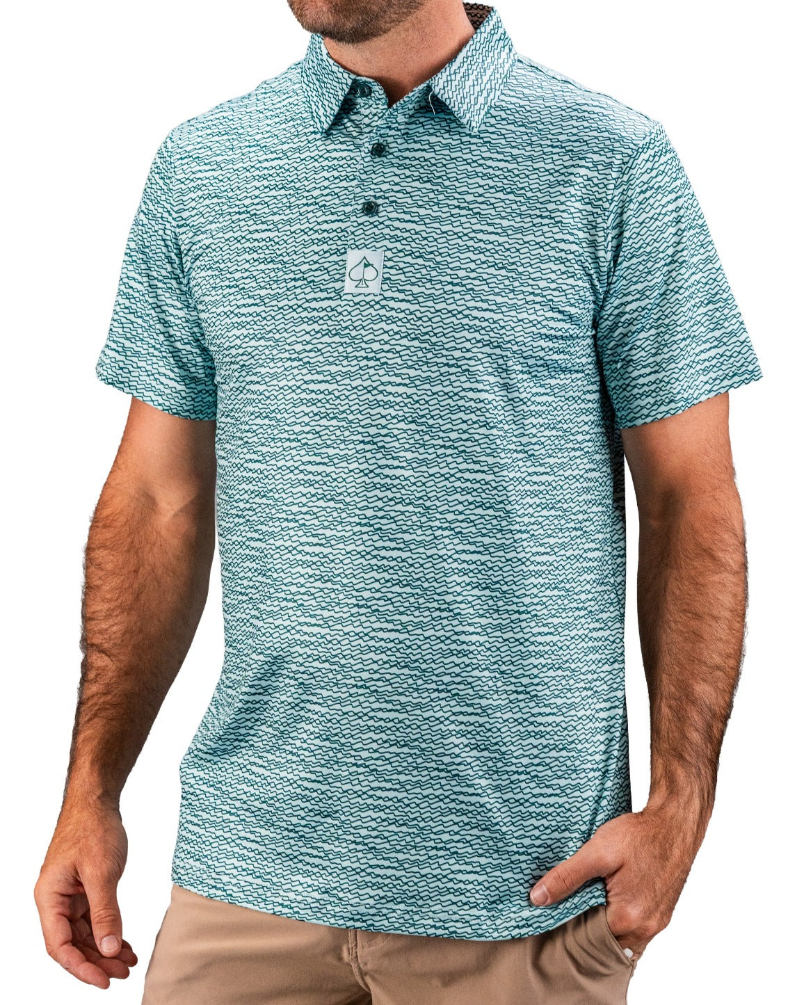 Teal golf polo shirt featuring a squiggle pattern, designed for style and comfort on the course. Perfect for bold golfers.