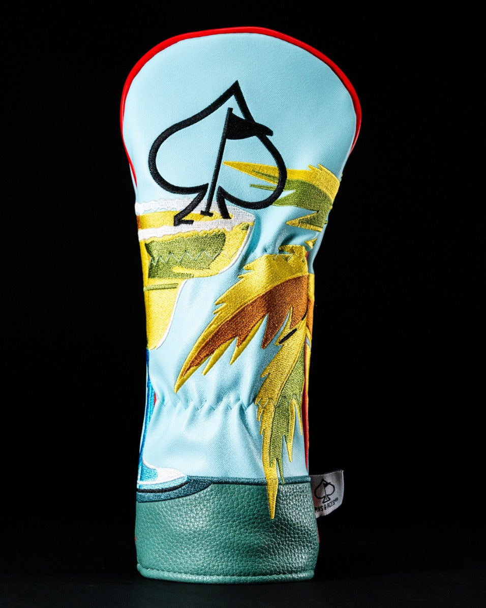 Colorful Margaritaville 5 O'Clock Somewhere golf headcover featuring tropical designs and a playful aesthetic.