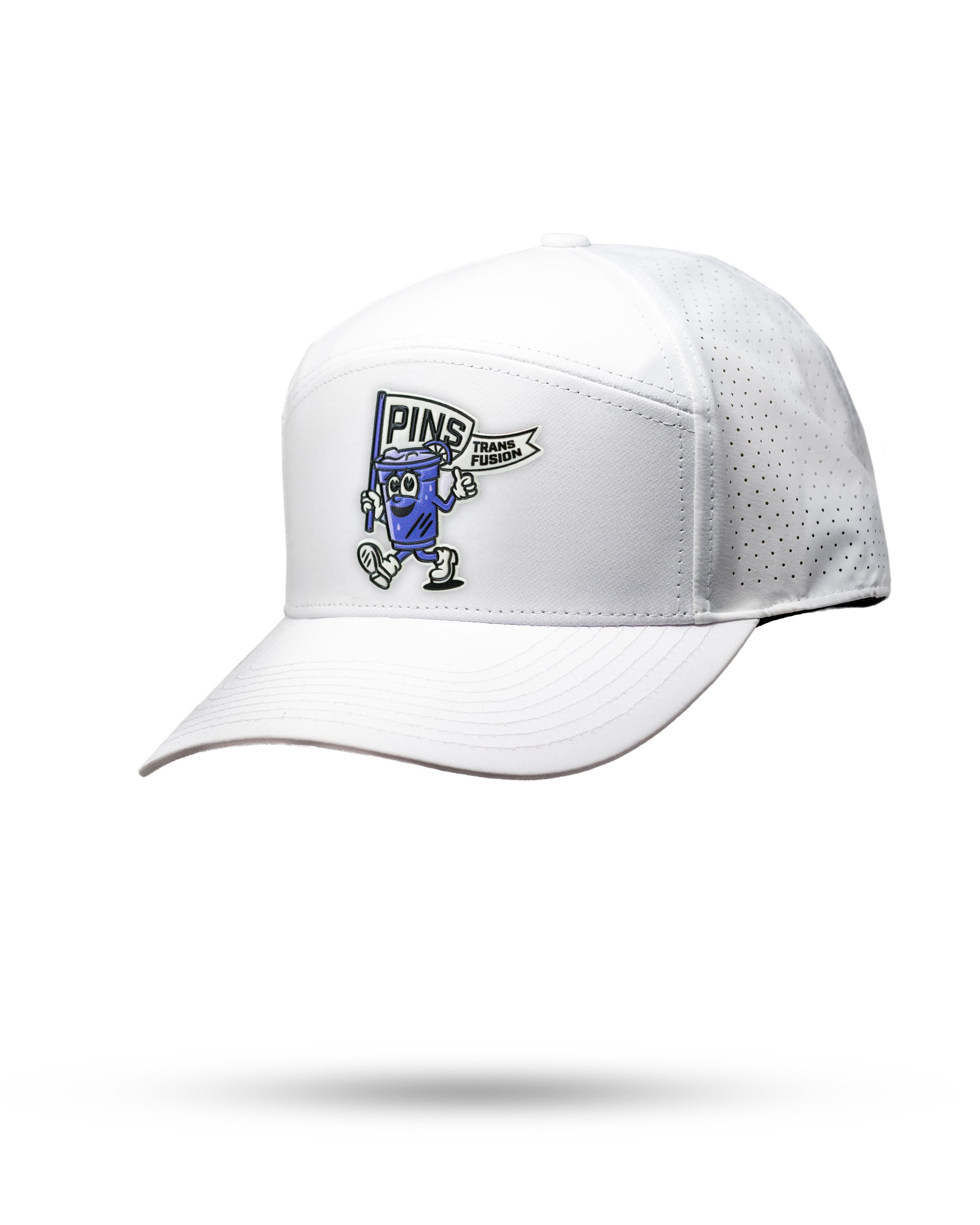 White Tradesman Hat featuring a playful Mr. Transfusion graphic, perfect for golfers wanting a bold style on the course.