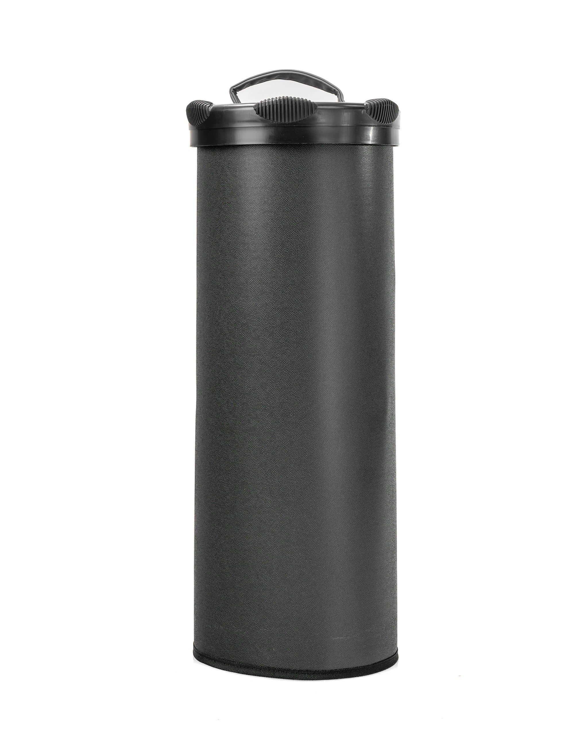 Sleek black Den Caddy for golf accessories, featuring a sturdy handle and a cylindrical design for easy transport.