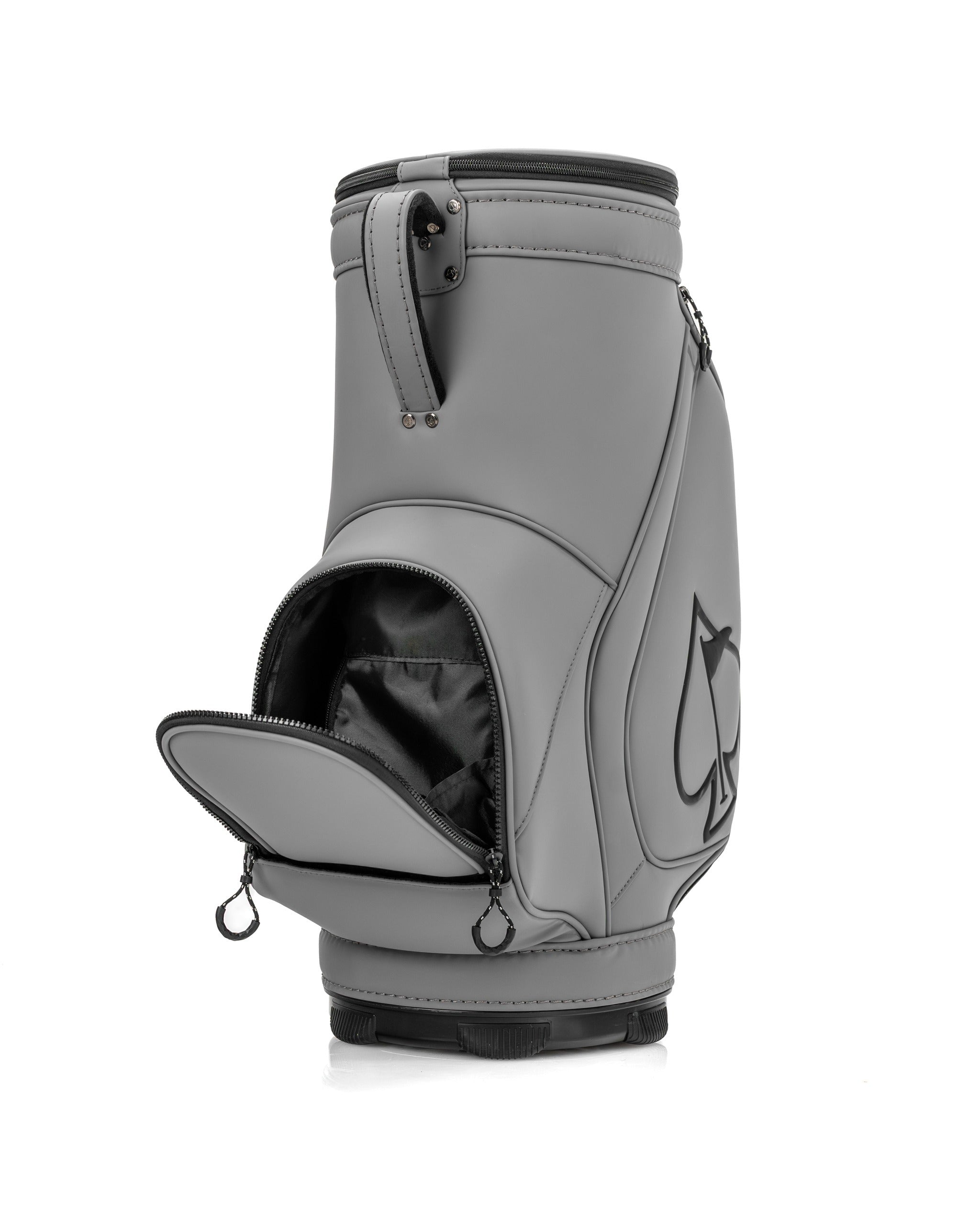 Stylish gray Den Caddy golf bag with a sleek design and spacious front pocket for accessories. Ideal for bold golfers.