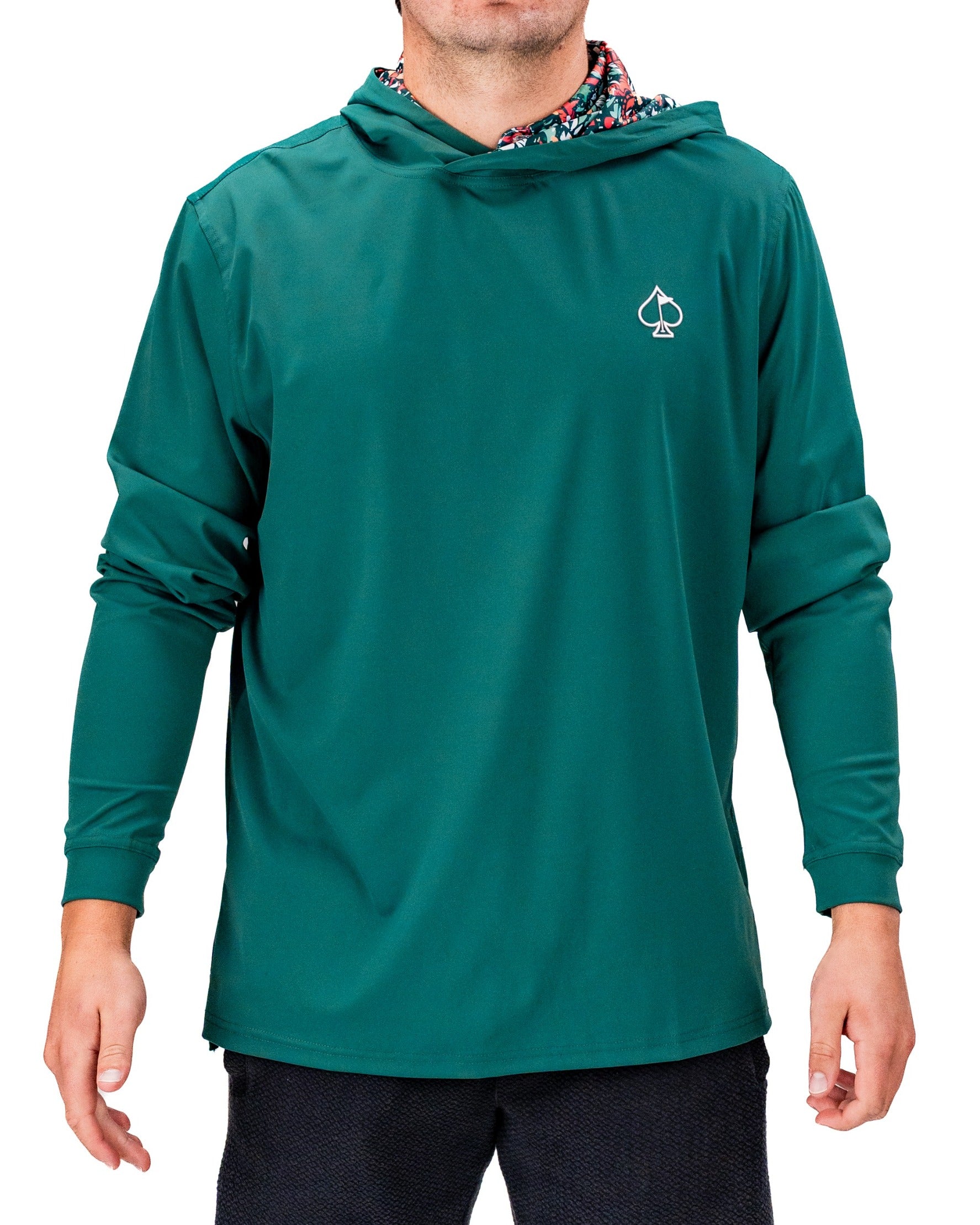 Men's performance golf hoodie in teal with a stylish design, featuring a hood and a unique patterned interior.