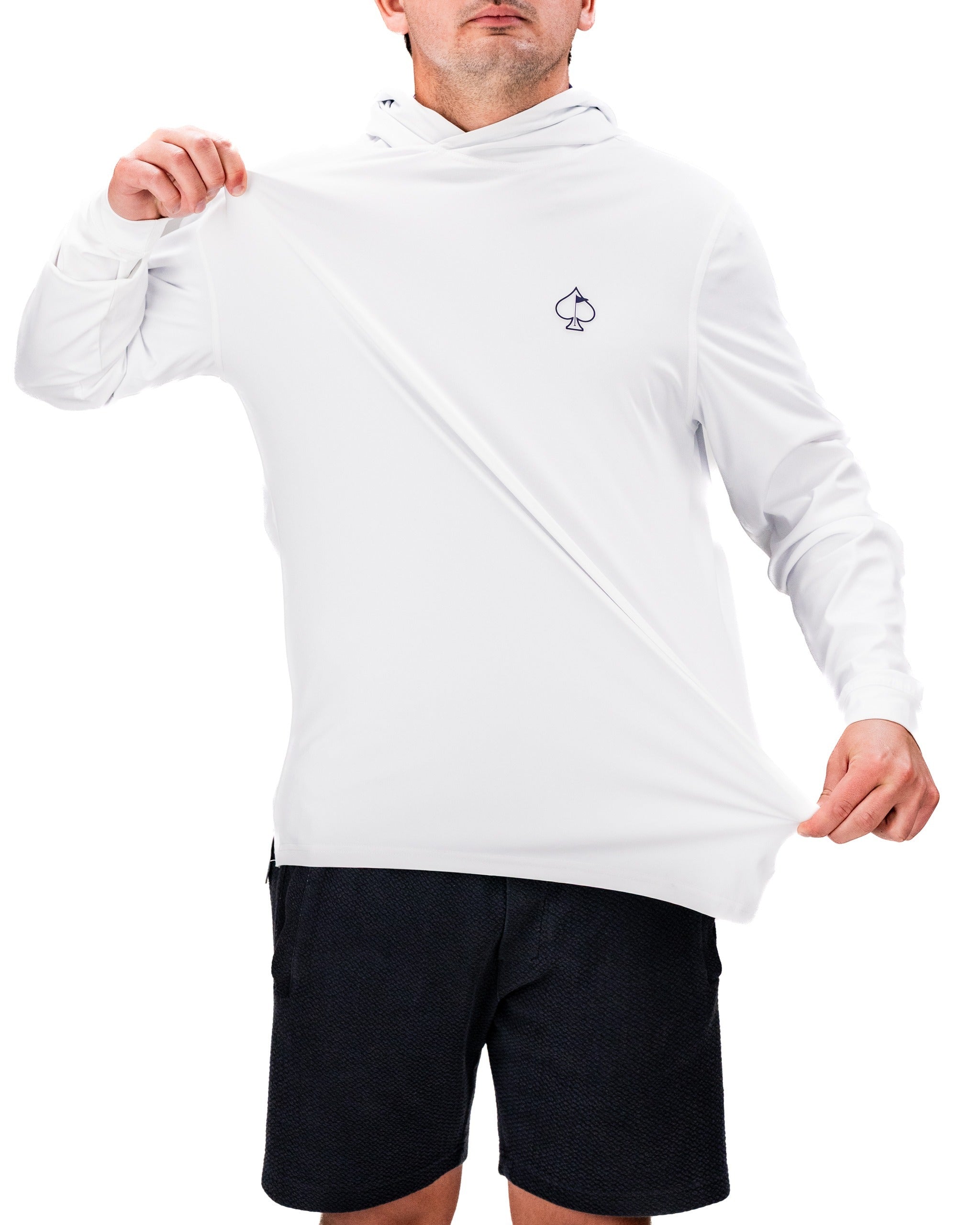 Men's performance golf hoodie in blue splatter design, featuring a stylish logo, ideal for golfers seeking comfort and style.