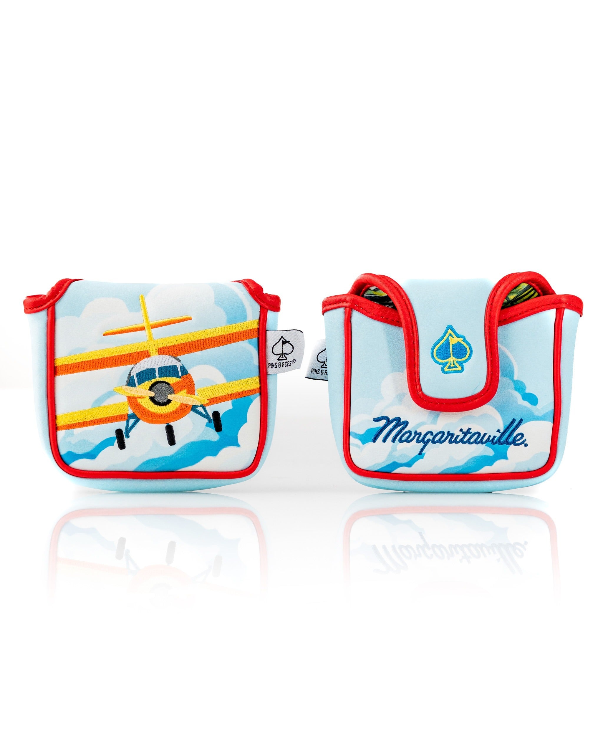 Margaritaville Puddle Jumper mallet putter cover featuring a colorful airplane design and vibrant blue background.