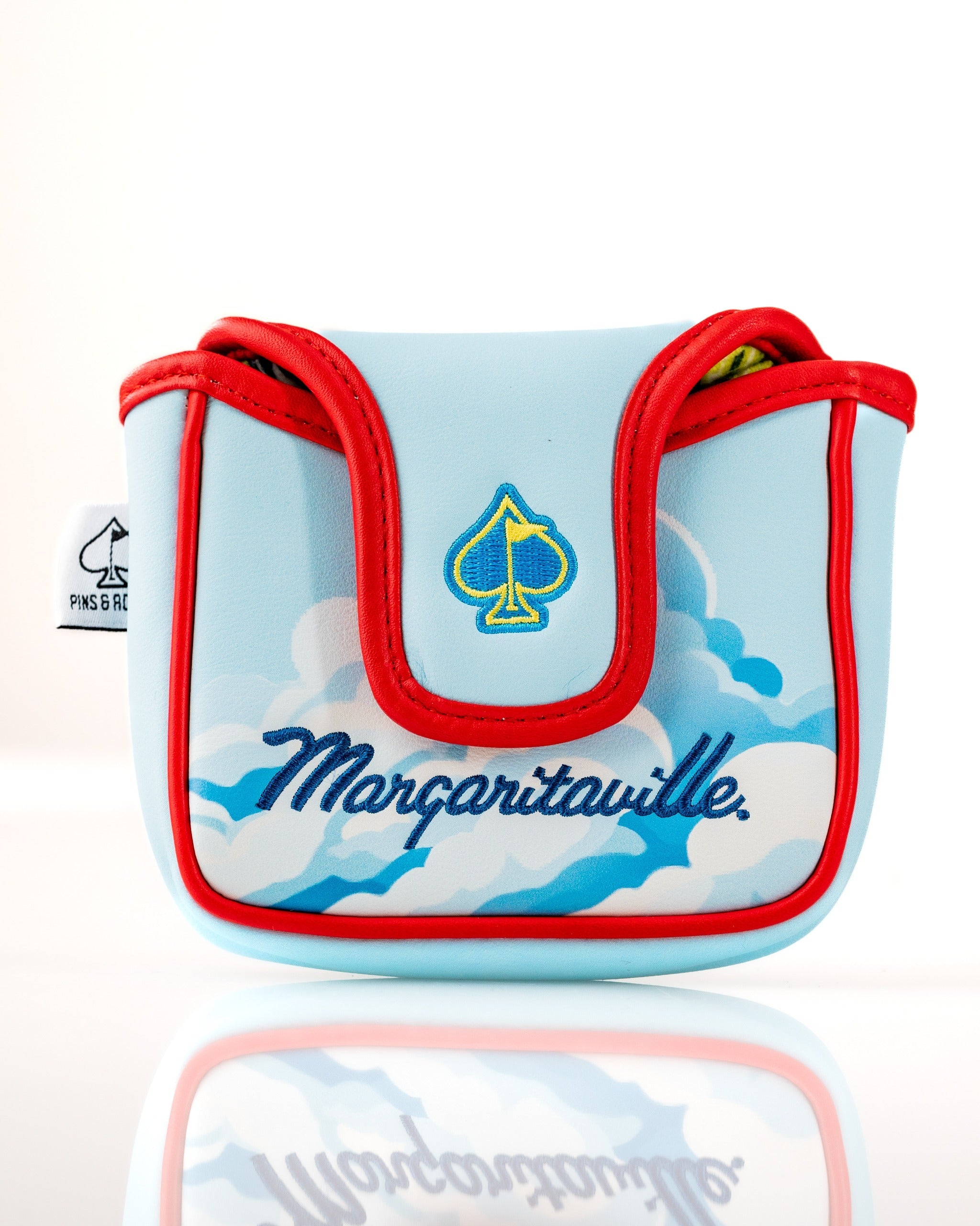 Margaritaville mallet putter cover featuring a blue design with clouds and logo, perfect for stylish golf protection.