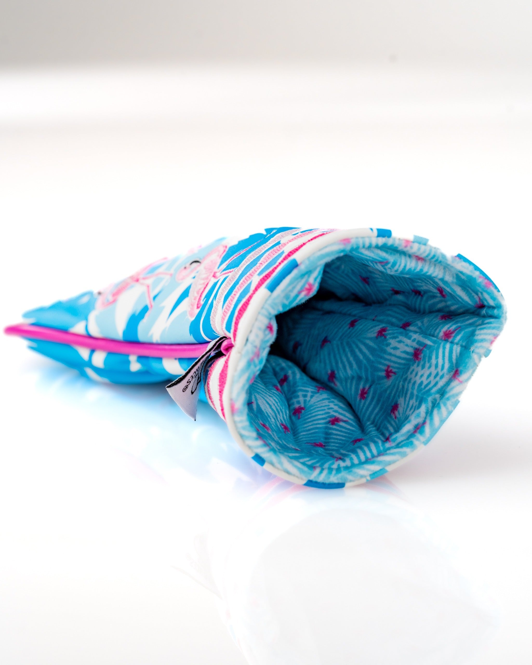 Bright blue hybrid golf cover featuring a flamingo design and vibrant tropical patterns, perfect for stylish golfers.