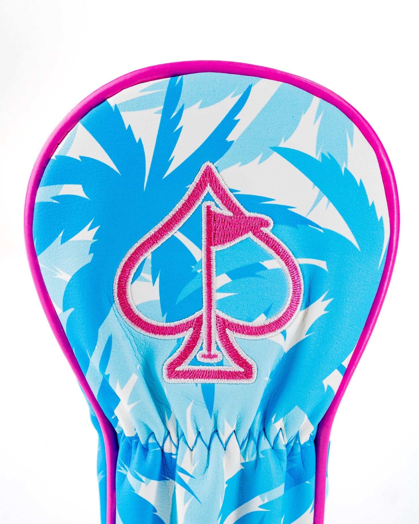 Bold flamingo-themed hybrid cover featuring a vibrant blue and pink design with a spade logo. Perfect for stylish golfers.