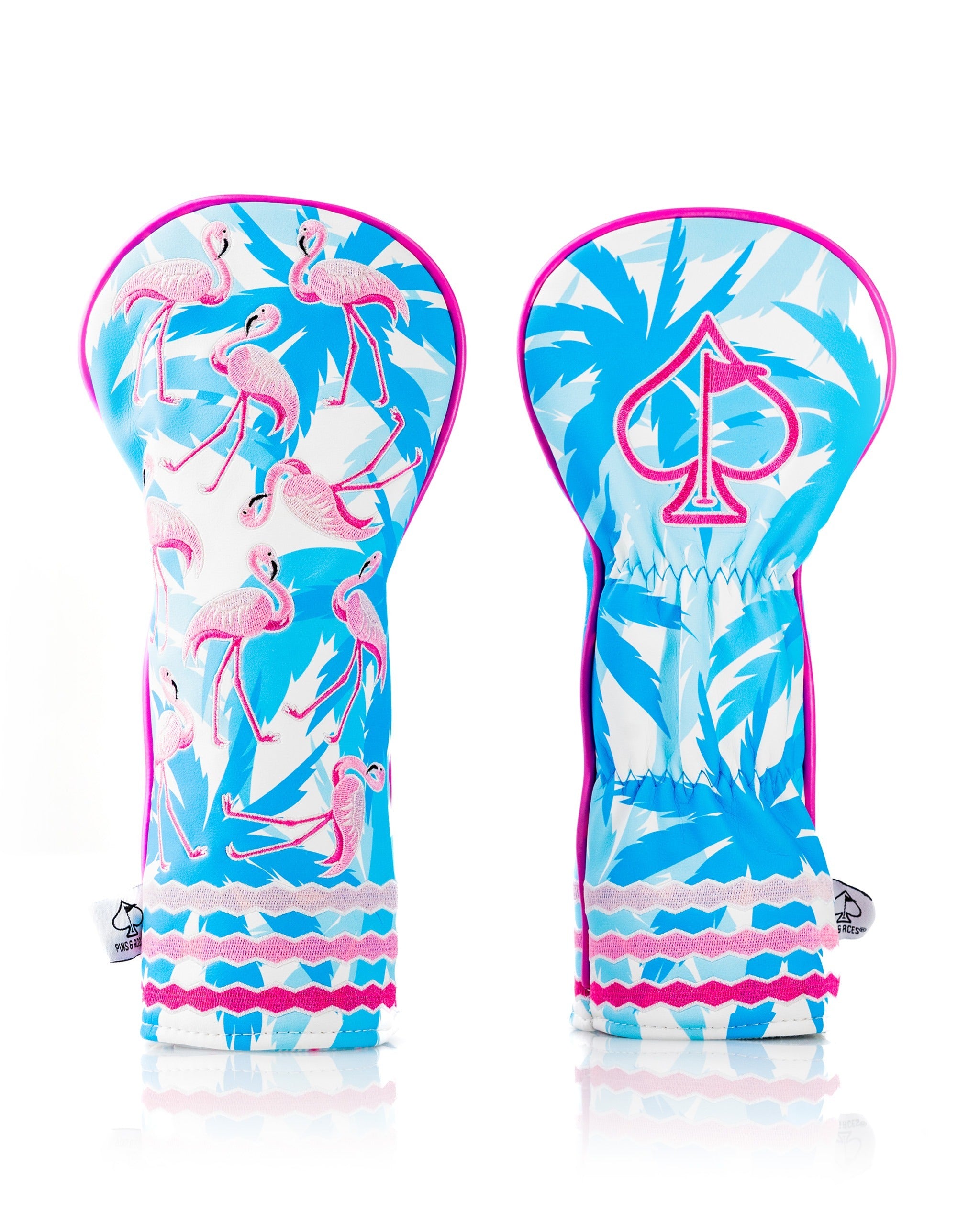 Colorful fairway cover featuring a vibrant flamingo pattern and tropical leaves, designed for stylish golfers.