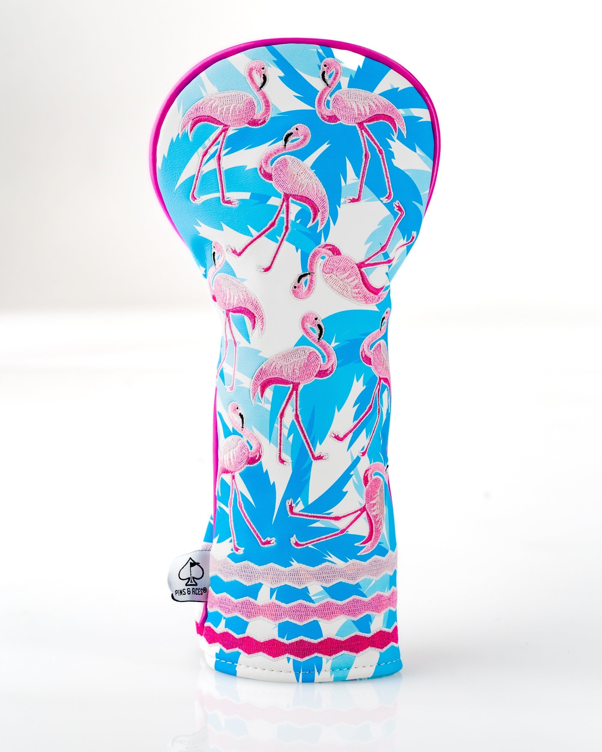 Brightly colored fairway cover featuring a flamingo pattern, designed to add style and personality to golf clubs.