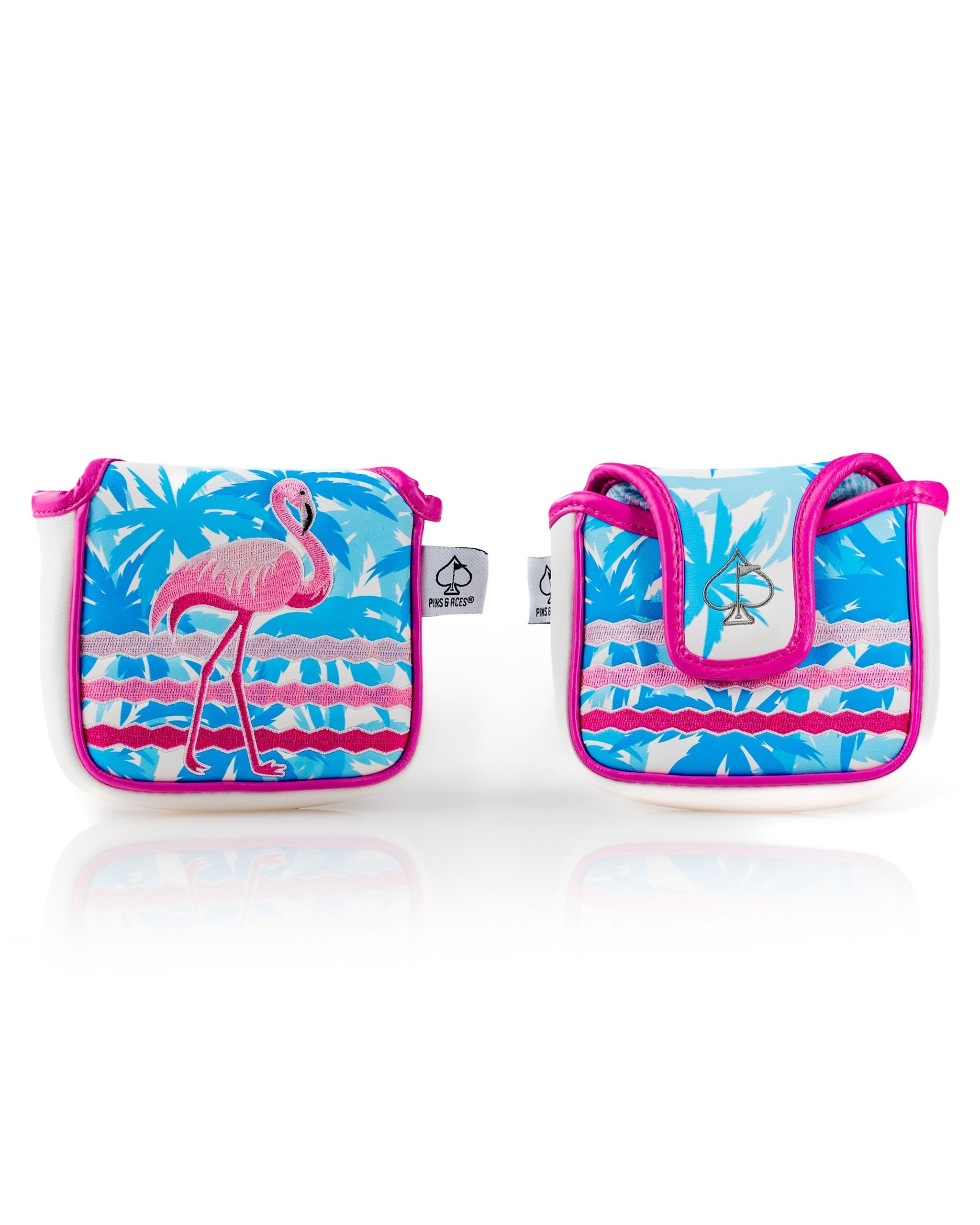 Colorful mallet putter cover featuring a flamingo design with tropical foliage, perfect for stylish golfers.
